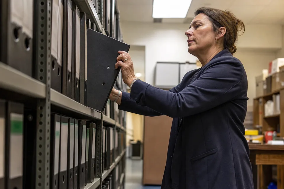Archiwistka wyjmuje segregator akt rejestrowych spółki z regału